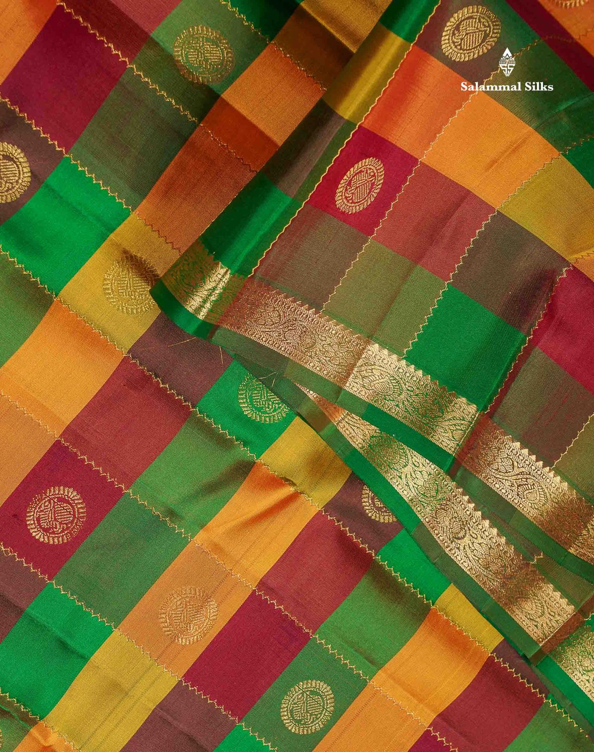 Pure Kanjivaram Silk Saree - Paalum Pazham Checks & Butta With Contrast Maroon Blouse