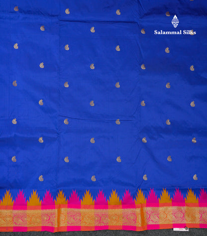 9 Yards Semi Silk Saree Orange With Contrast Green Traditional Temple Border