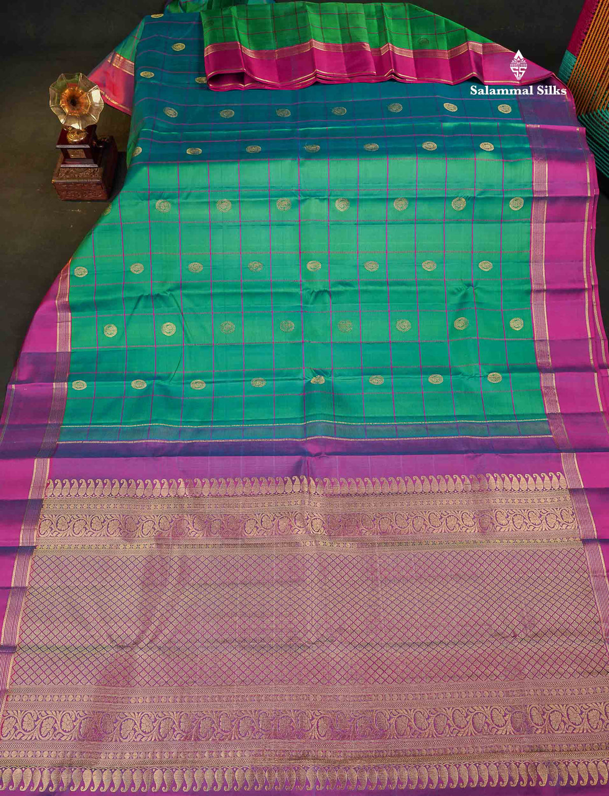 Pure Kanjivaram Silk Saree - Dual Tone Sapphire Green Colour Body With Contrast Purple Gap Border