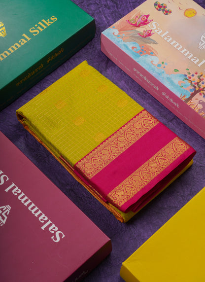 Beautiful Manthulir Yellow Zari Small Checks Semi Silk Saree With Contrast Pink Traditional Rettapet Border