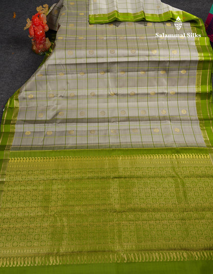 Beautiful Pink Checks With Butta Pure Kanjivaram Silk Saree With Contrast Manthulir Yellow Traditional Medium Gap Border