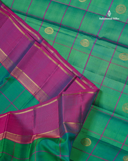 Pure Kanjivaram Silk Saree - Dual Tone Sapphire Green Colour Body With Contrast Purple Gap Border