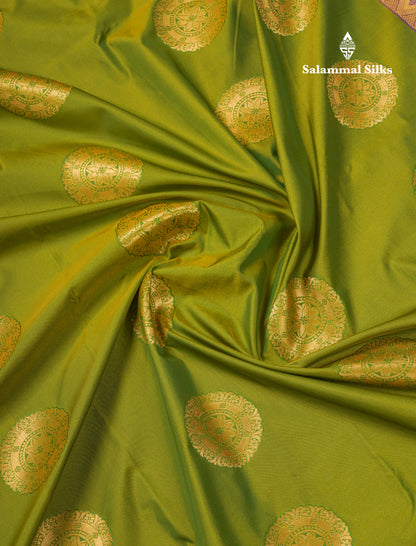 Dual Tone Olive Green Semi Silk Saree With Contrast Purple Blouse