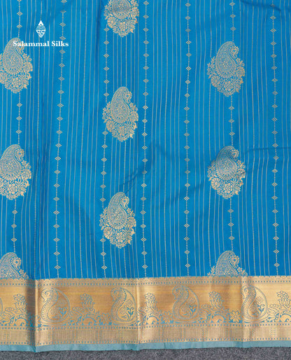Beautiful Magenta Vertical Zari Line With Butta Semi Silk Saree With Contrast Peacock Blue Traditional Border