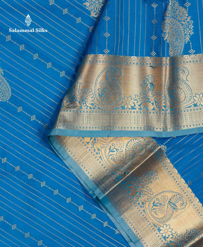 Beautiful Magenta Vertical Zari Line With Butta Semi Silk Saree With Contrast Peacock Blue Traditional Border