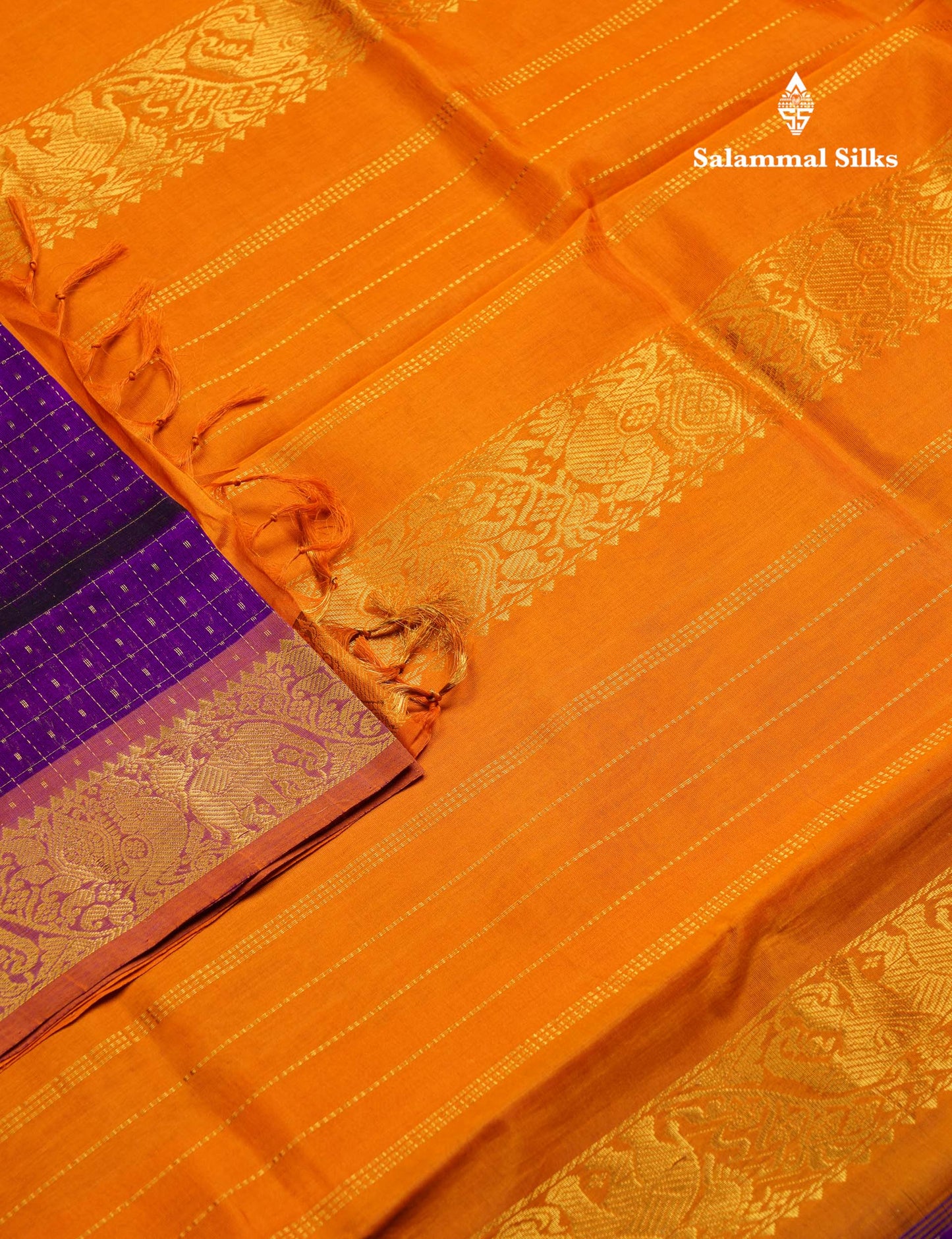 Beautiful Purple Lakshadeepam Pure Silk Cotton Saree With Contrast Mustard Yellow Blouse