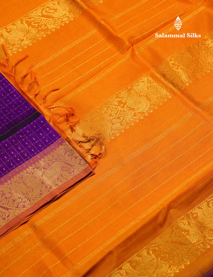 Beautiful Purple Lakshadeepam Pure Silk Cotton Saree With Contrast Mustard Yellow Blouse