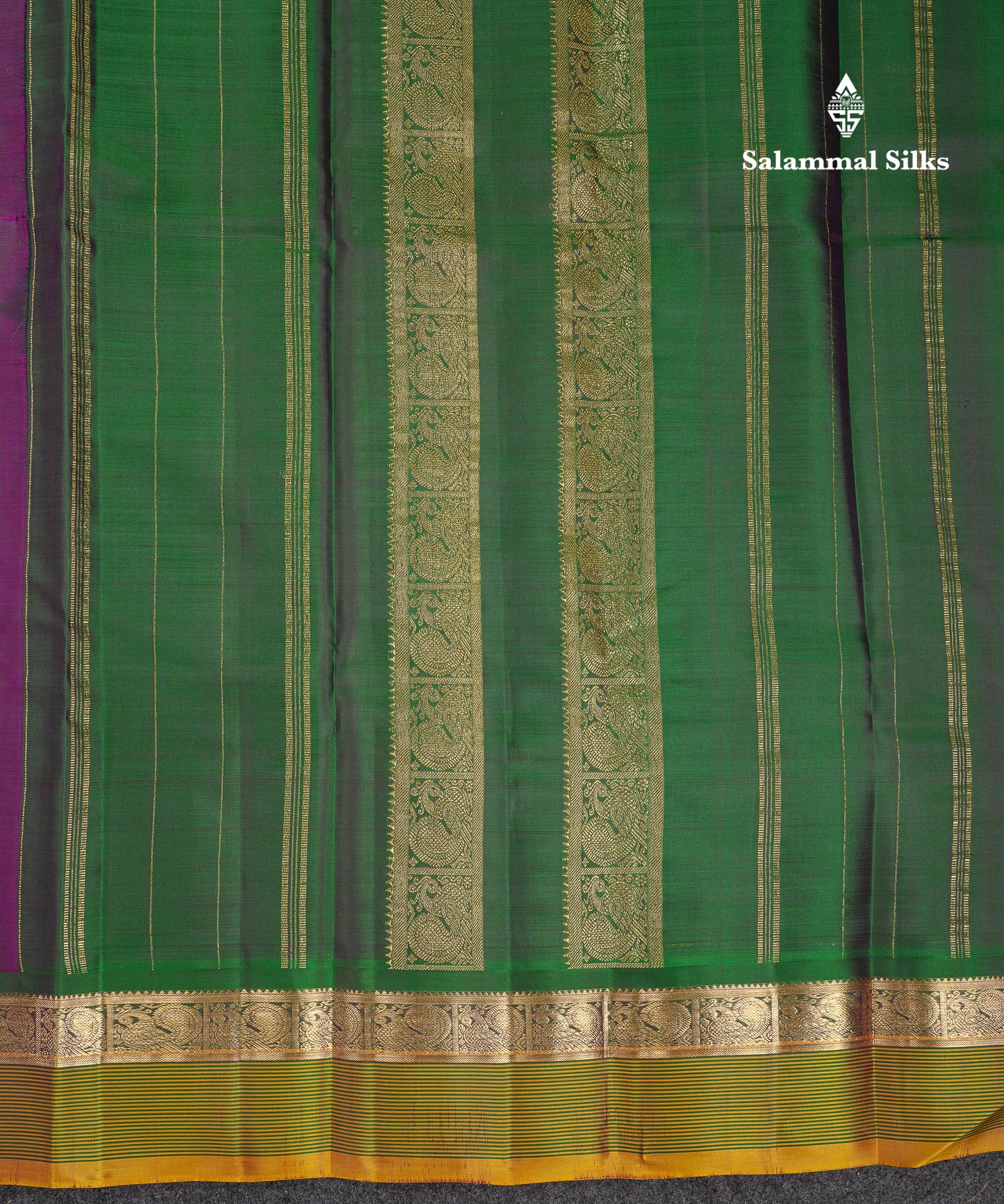 Beautiful Dark Purple Pure Kanjivaram Silk Saree With Contrast Bottle Green Traditional Border