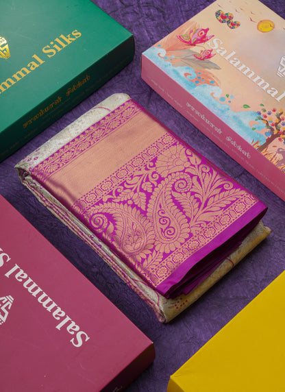 Beautiful Cream Green Tissue Semi Silk Saree With Contrast Magenta Evening Morning Border