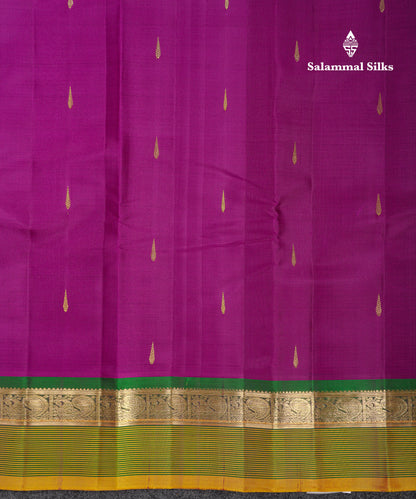 Beautiful Dark Purple Pure Kanjivaram Silk Saree With Contrast Bottle Green Traditional Border