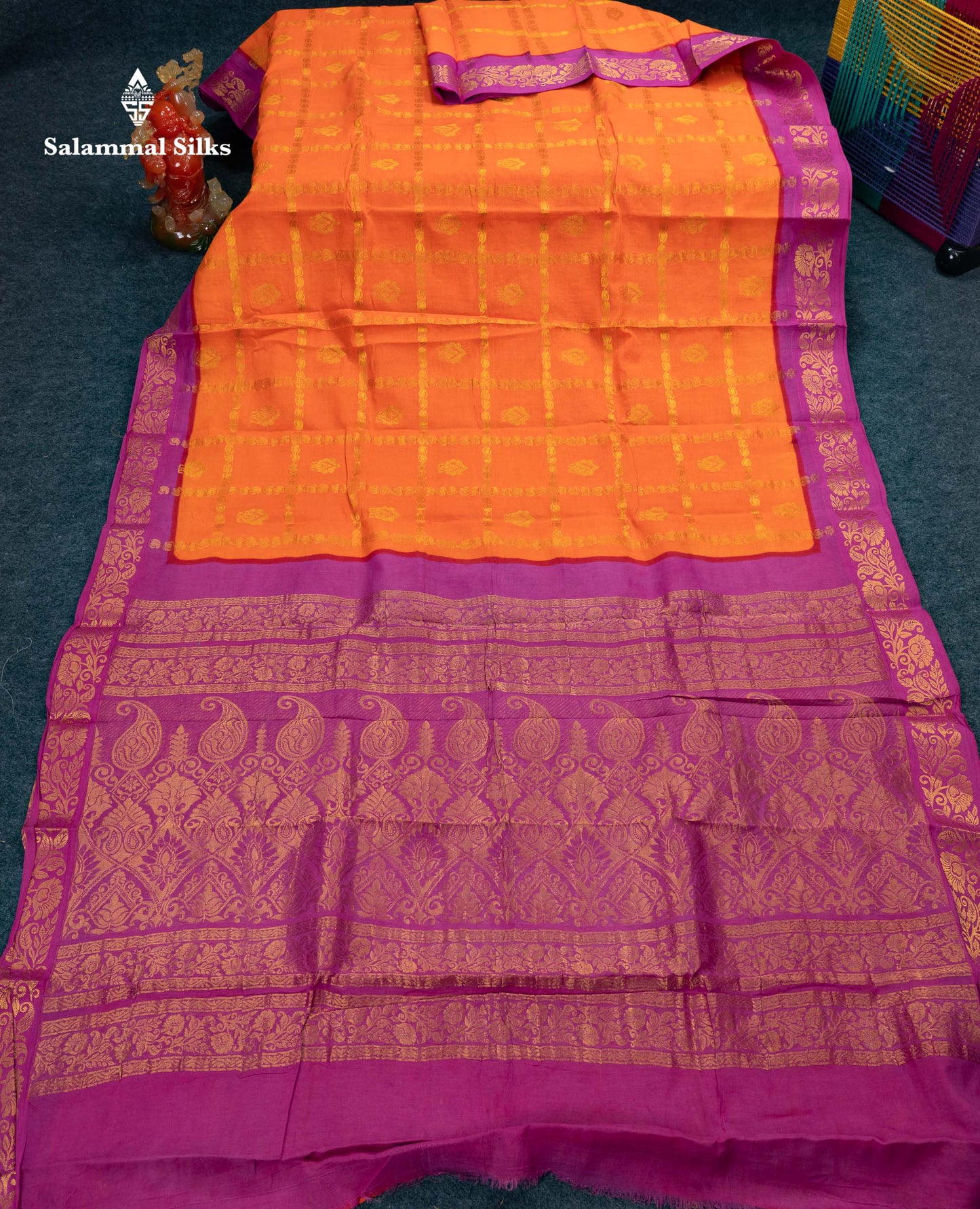 Beautiful Orange Zari Checks With Butta Pure Sungudi Cotton Saree With Contrast Magenta Traditional Small Border