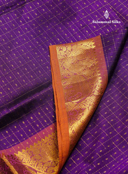 Beautiful Purple Lakshadeepam Pure Silk Cotton Saree With Contrast Mustard Yellow Blouse