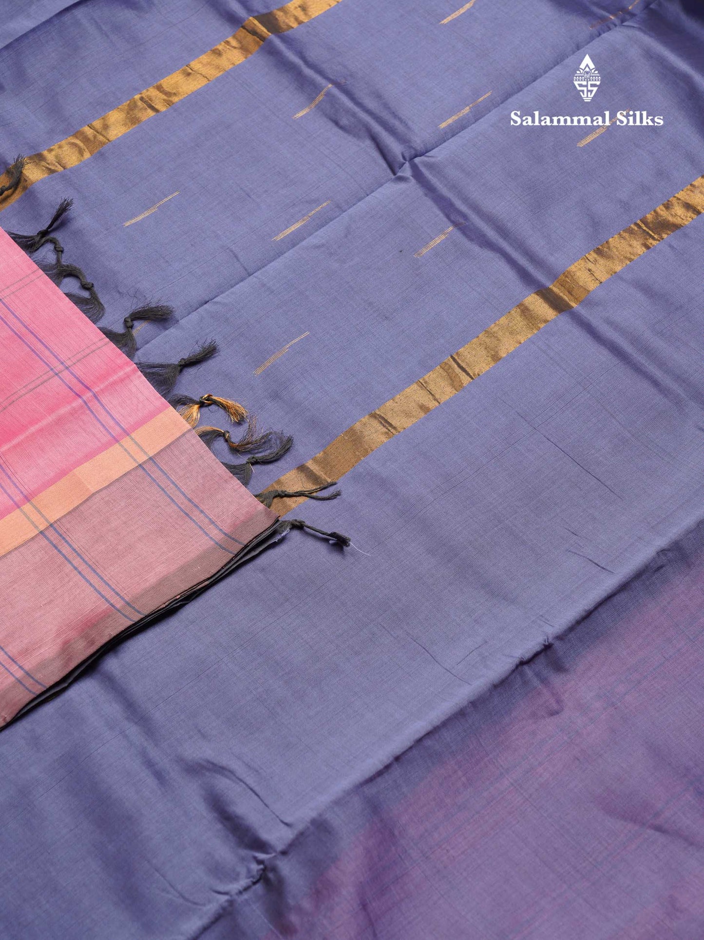 Beautiful Light Pink Checks With Malli Moggu Butta Semi Silk Cotton Saree With Contrast Blueish Grey Blouse