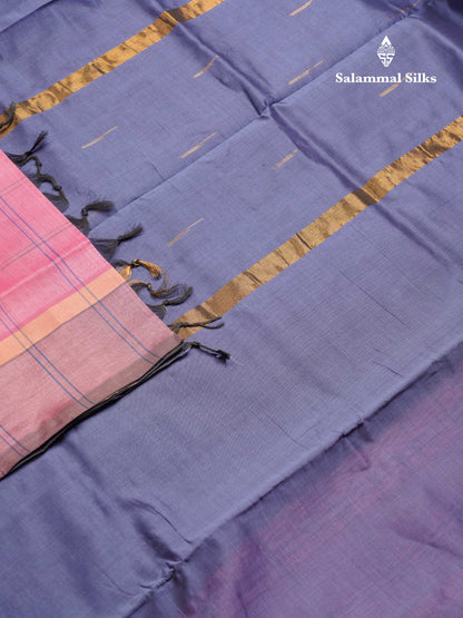 Beautiful Light Pink Checks With Malli Moggu Butta Semi Silk Cotton Saree With Contrast Blueish Grey Blouse