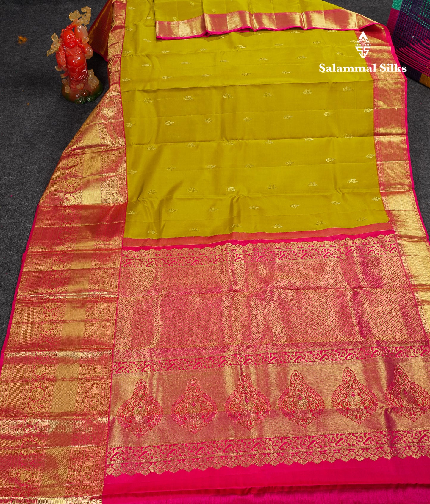 Beautiful Manthulir Yellow Pure Kanjivaram Silk Saree With Contrast Pink Traditional Evening Morning Border