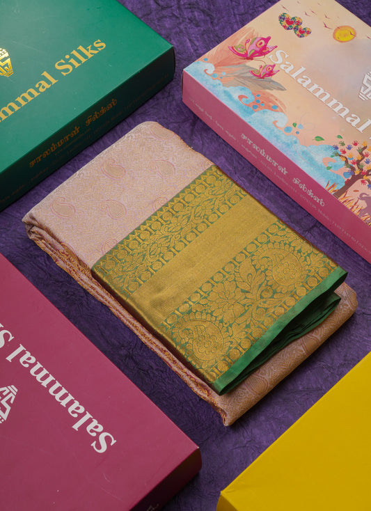 Baby Pink Bridal Pure Mix Kanjivaram Silk Saree With Contrast Green Traditional Border