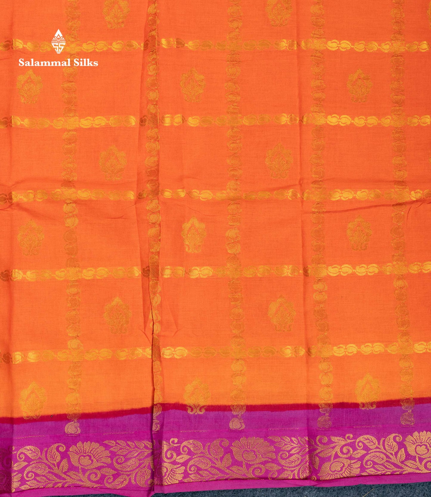 Beautiful Orange Zari Checks With Butta Pure Sungudi Cotton Saree With Contrast Magenta Traditional Small Border