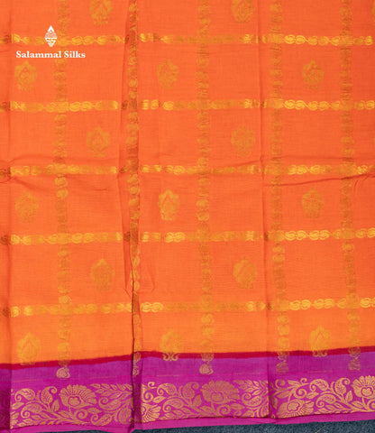 Beautiful Orange Zari Checks With Butta Pure Sungudi Cotton Saree With Contrast Magenta Traditional Small Border