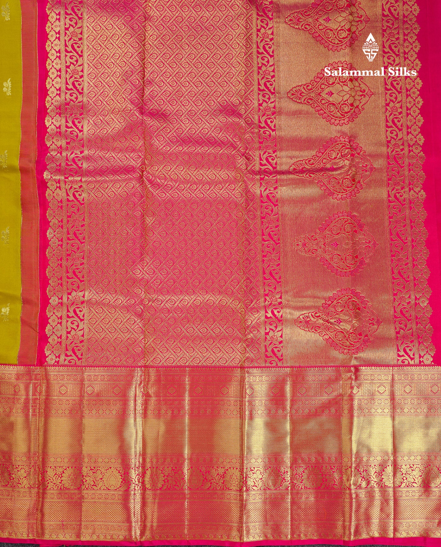 Beautiful Manthulir Yellow Pure Kanjivaram Silk Saree With Contrast Pink Traditional Evening Morning Border