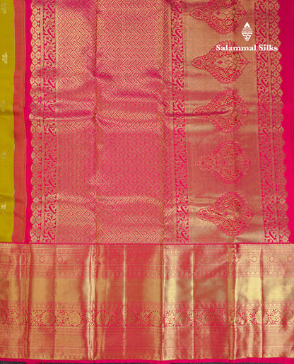 Beautiful Manthulir Yellow Pure Kanjivaram Silk Saree With Contrast Pink Traditional Evening Morning Border