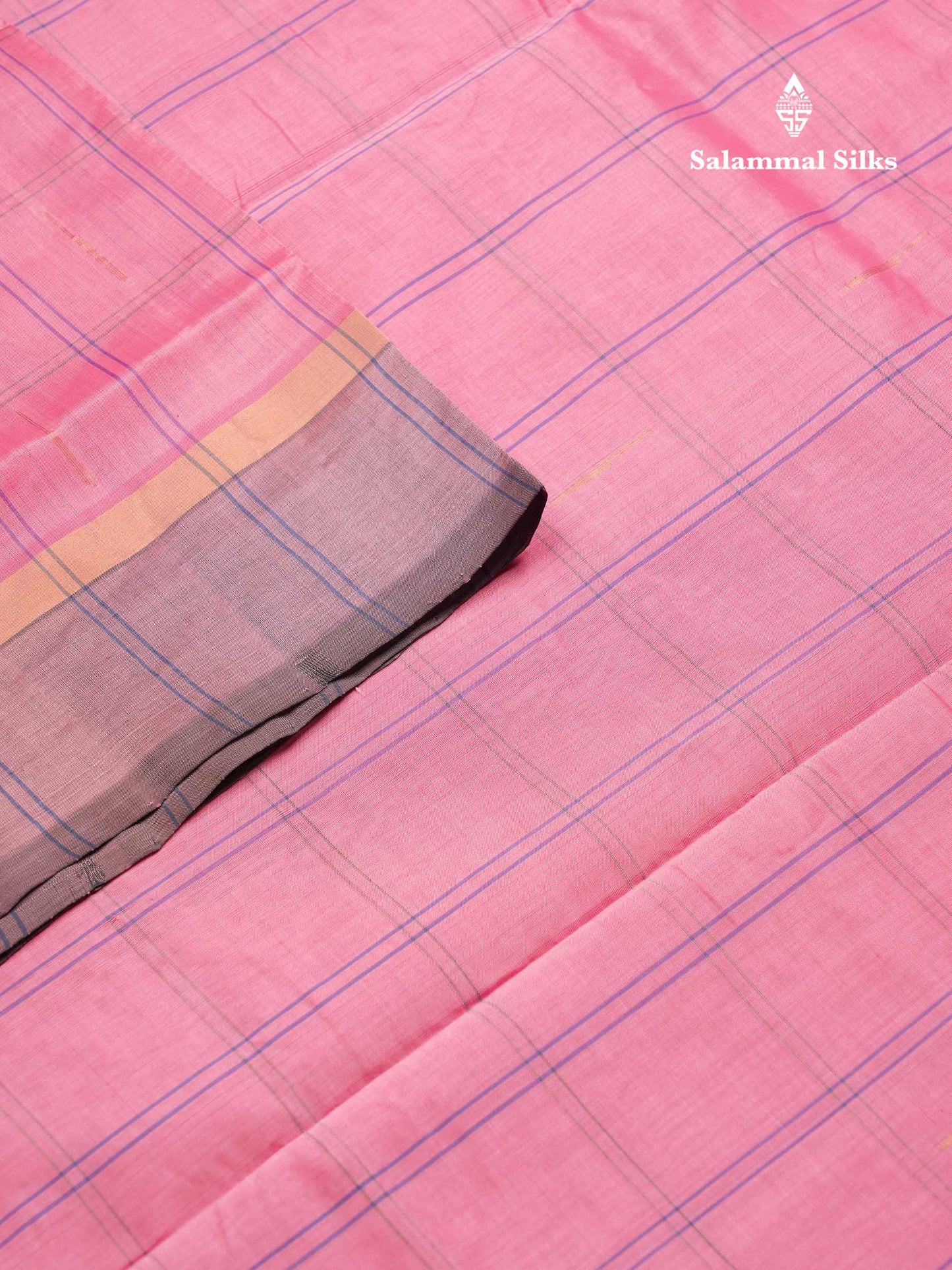 Beautiful Light Pink Checks With Malli Moggu Butta Semi Silk Cotton Saree With Contrast Blueish Grey Blouse