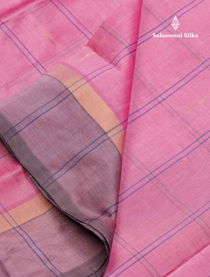 Beautiful Light Pink Checks With Malli Moggu Butta Semi Silk Cotton Saree With Contrast Blueish Grey Blouse