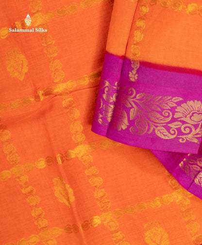 Beautiful Orange Zari Checks With Butta Pure Sungudi Cotton Saree With Contrast Magenta Traditional Small Border