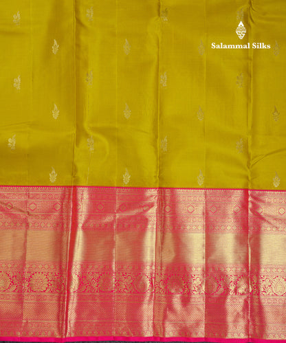 Beautiful Manthulir Yellow Pure Kanjivaram Silk Saree With Contrast Pink Traditional Evening Morning Border