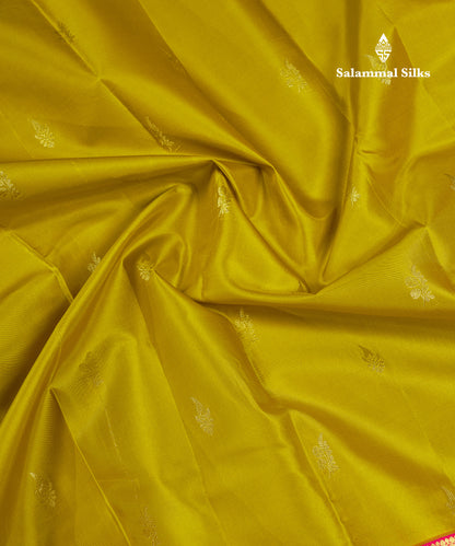 Beautiful Manthulir Yellow Pure Kanjivaram Silk Saree With Contrast Pink Traditional Evening Morning Border