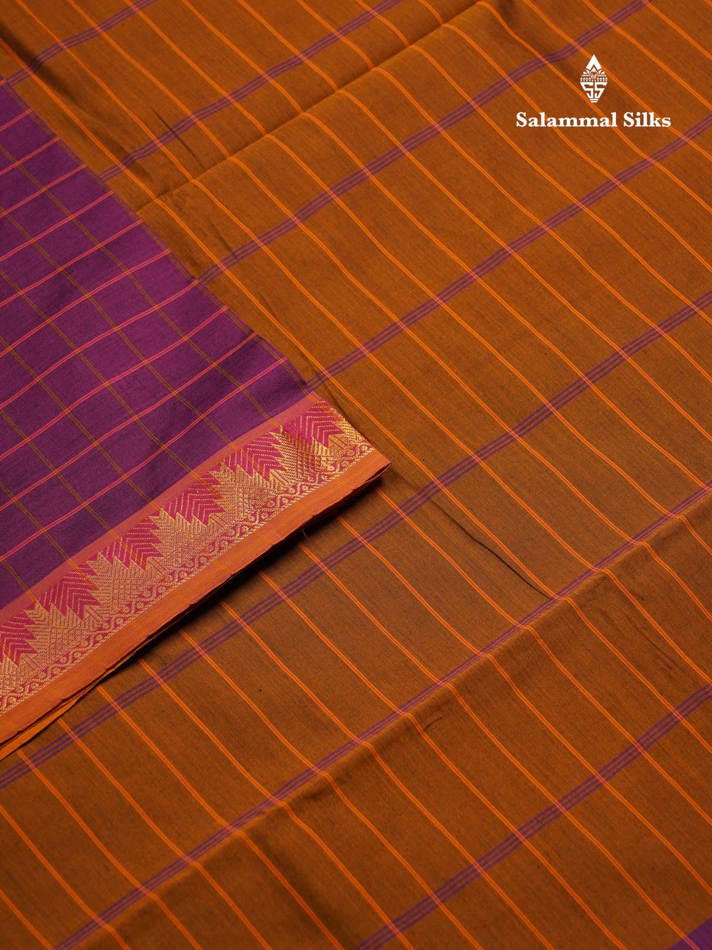 Beautiful Violet Checks Semi Silk Cotton Saree With Contrast Olive Mustard Yellow Blouse