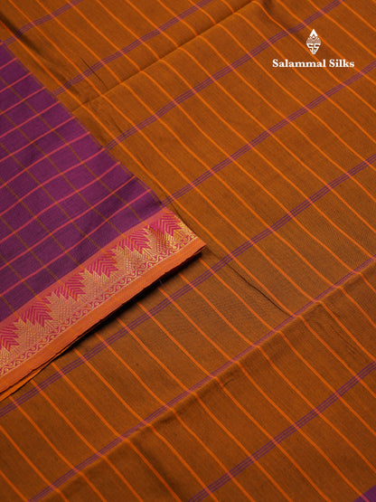 Beautiful Violet Checks Semi Silk Cotton Saree With Contrast Olive Mustard Yellow Blouse