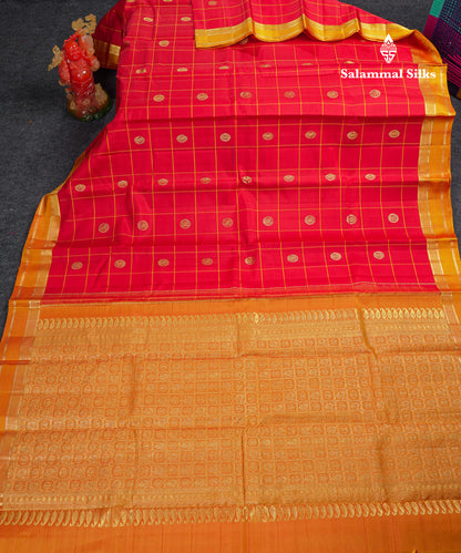 Beautiful Pink Checks With Butta Pure Kanjivaram Silk Saree With Contrast Manthulir Yellow Traditional Medium Gap Border