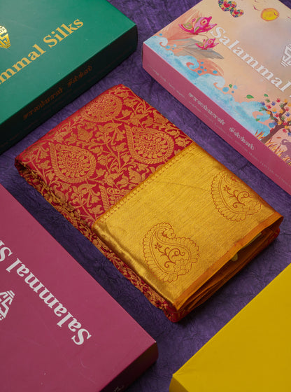 Beautiful Maroon Bridal Pure Kanjivaram Silk Saree With Contrast Yellow Traditional Border