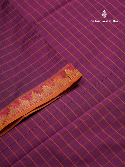 Beautiful Violet Checks Semi Silk Cotton Saree With Contrast Olive Mustard Yellow Blouse