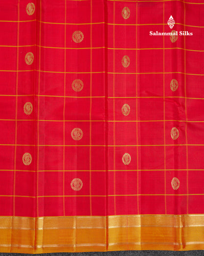 Beautiful Pink Checks With Butta Pure Kanjivaram Silk Saree With Contrast Manthulir Yellow Traditional Medium Gap Border