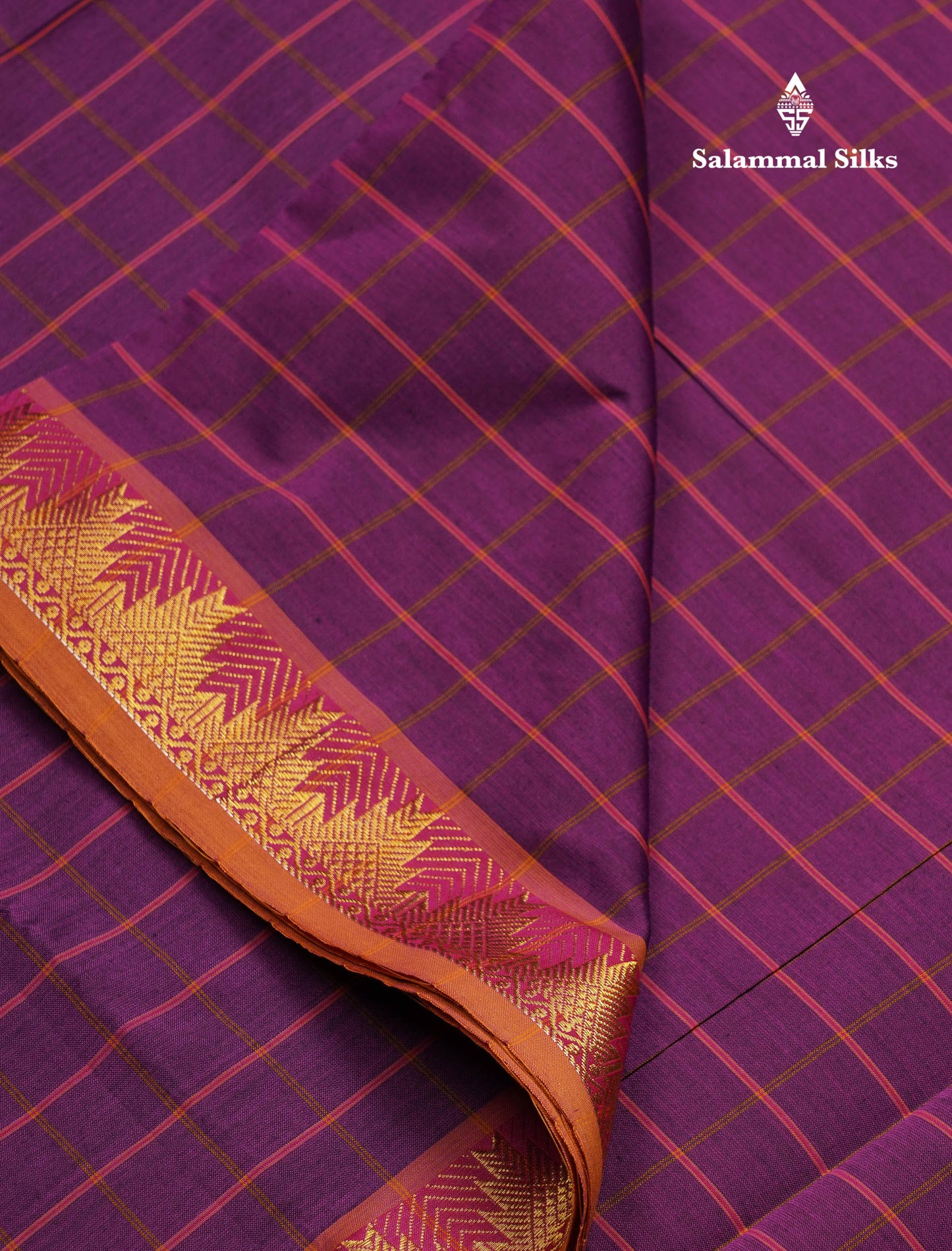 Beautiful Violet Checks Semi Silk Cotton Saree With Contrast Olive Mustard Yellow Blouse