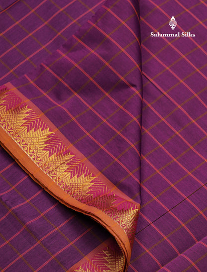 Beautiful Violet Checks Semi Silk Cotton Saree With Contrast Olive Mustard Yellow Blouse