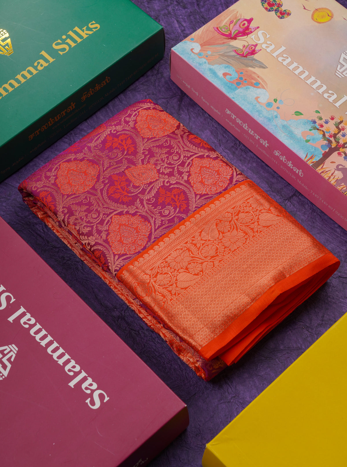 Dual Tone Magenta Bridal Pure Mix Kanjivaram Silk Saree With Contrast Orange Border