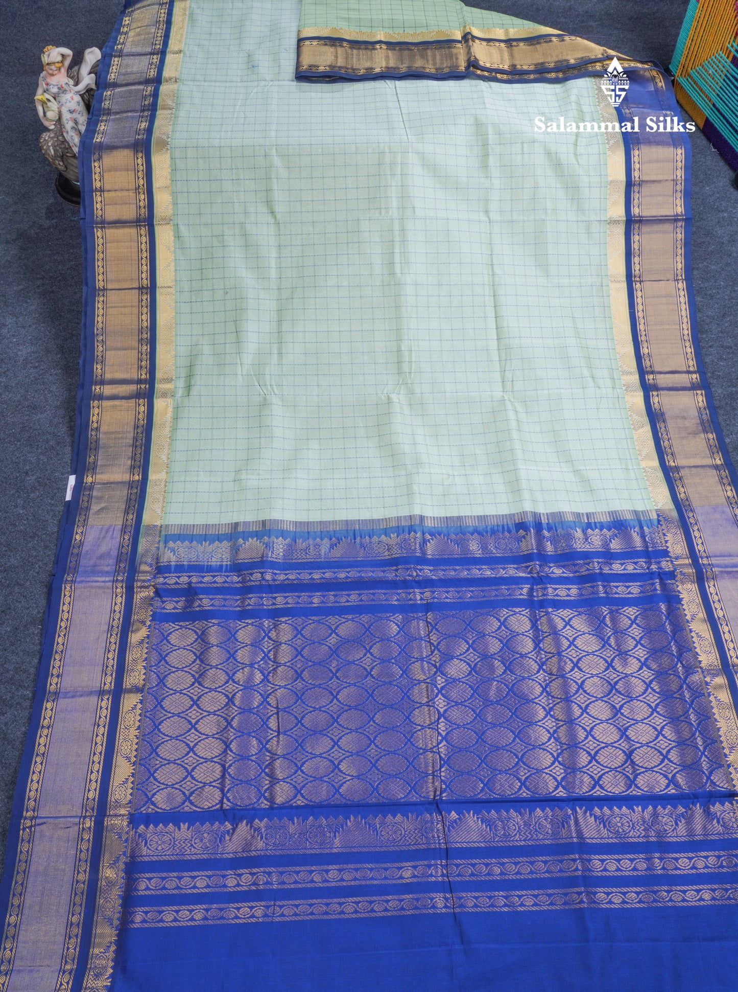 Light Elaichi Green Small Checks Semi Silk Cotton Saree With Contrast Violet Traditional Border