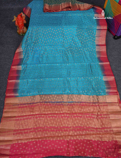 Semi Raw Silk Saree - Anandha Blue Colour Body With Contrast Pink Fancy Border
