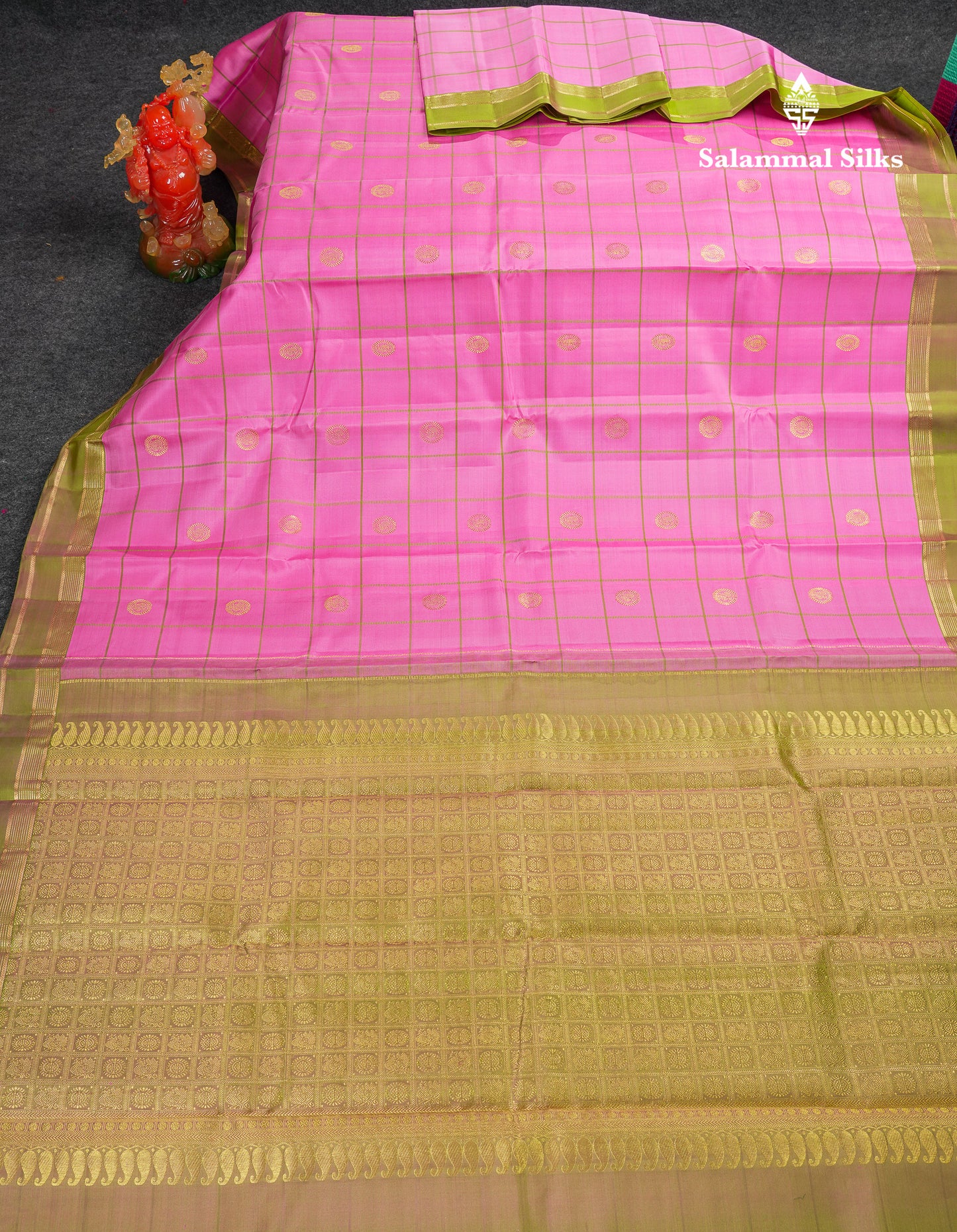 Beautiful Pink Checks With Butta Pure Kanjivaram Silk Saree With Contrast Manthulir Yellow Traditional Medium Gap Border