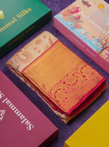 Beautiful Light Pink Tissue Bridal Pure Kanjivaram Silk Saree With Contrast Pink Traditional Border