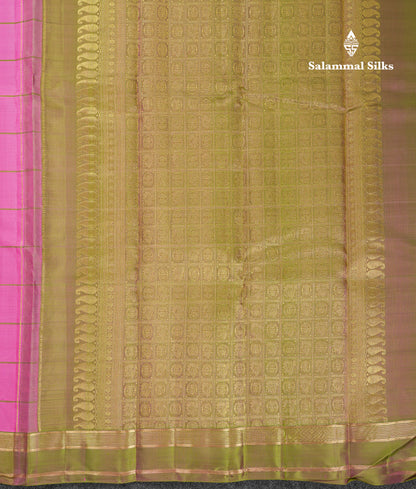 Beautiful Pink Checks With Butta Pure Kanjivaram Silk Saree With Contrast Manthulir Yellow Traditional Medium Gap Border
