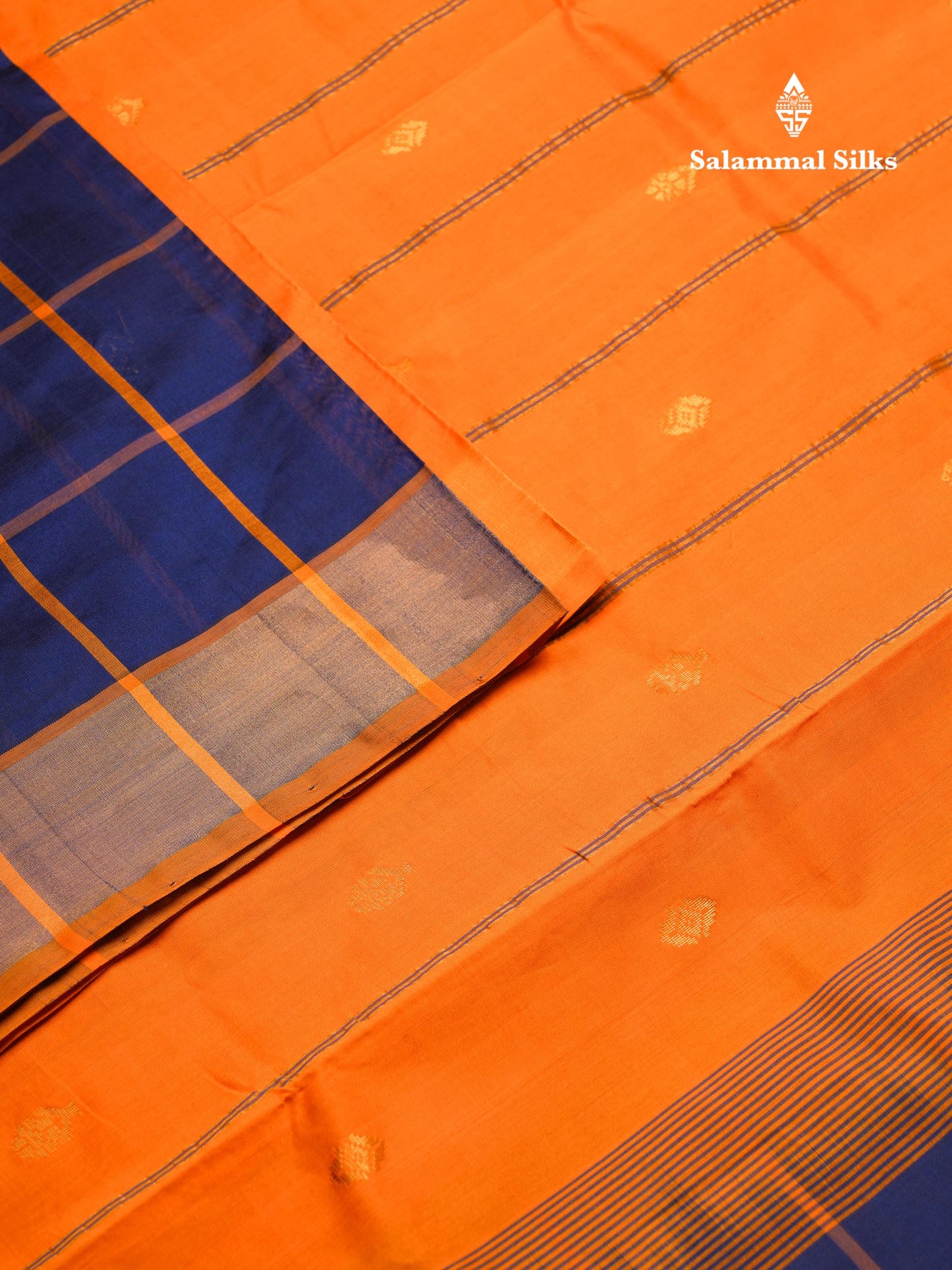 Beautiful Navy Blue Checks With Zari Butta Semi Silk Cotton Saree With Contrast Mustard Yellow Blouse
