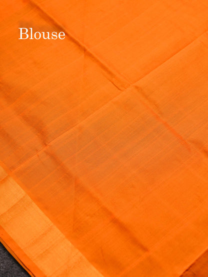 Beautiful Navy Blue Checks With Zari Butta Semi Silk Cotton Saree With Contrast Mustard Yellow Blouse
