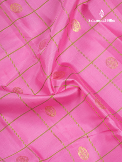 Beautiful Pink Checks With Butta Pure Kanjivaram Silk Saree With Contrast Manthulir Yellow Traditional Medium Gap Border