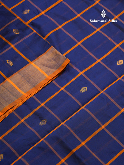 Beautiful Navy Blue Checks With Zari Butta Semi Silk Cotton Saree With Contrast Mustard Yellow Blouse