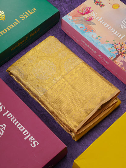Beautiful Gold Tissue Bridal Pure Kanjivaram Silk Saree With Ccontrast Sandal Traditional Border