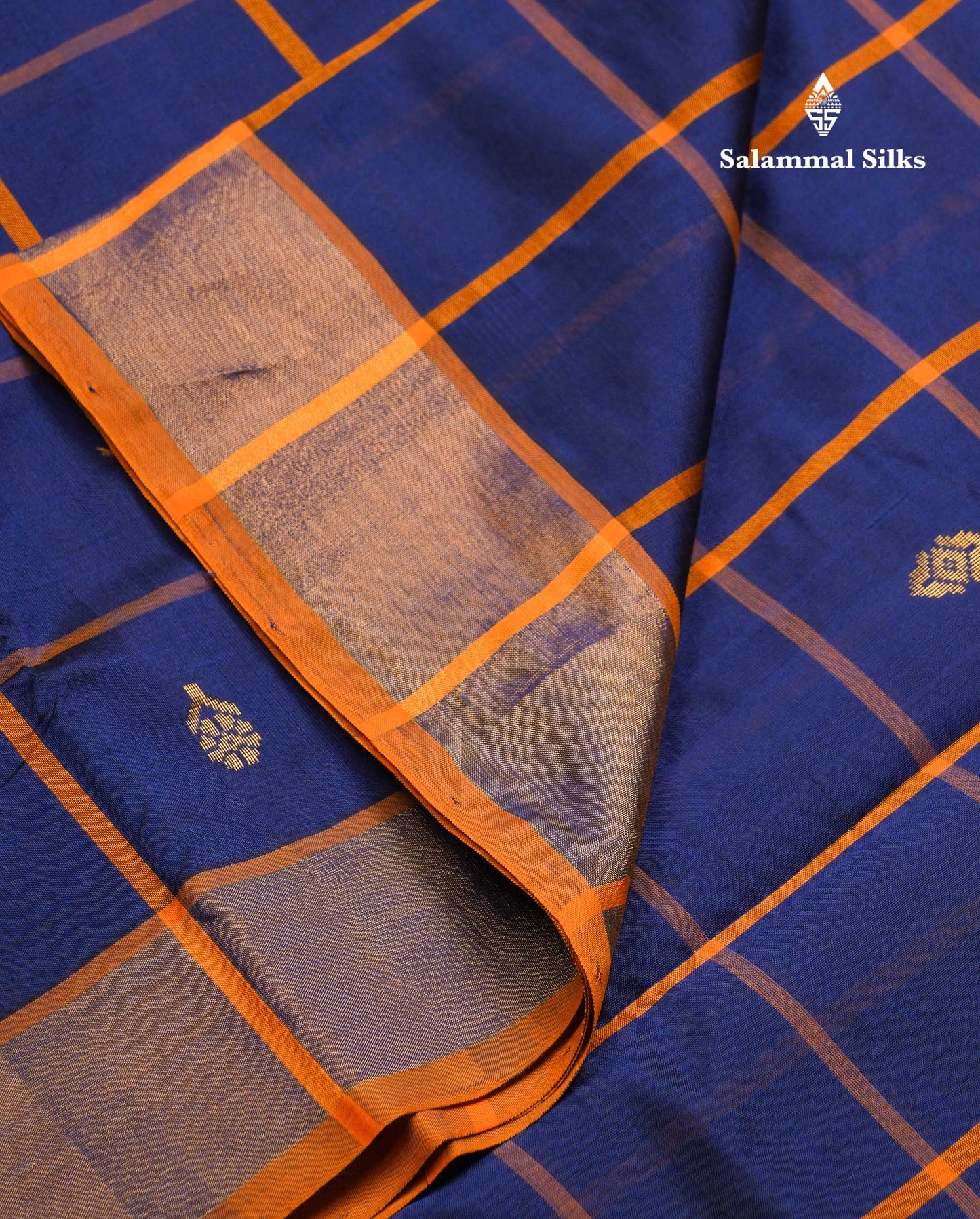 Beautiful Navy Blue Checks With Zari Butta Semi Silk Cotton Saree With Contrast Mustard Yellow Blouse