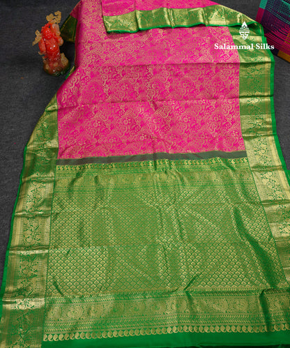 Beautiful Magenta Pink Bridal Pure Kanjivaram Silk Saree With Contrast Green Traditional Border